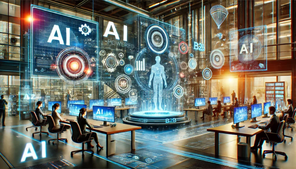 A futuristic business setting showcasing AI-driven B2B lead generation. Advanced technology, predictive analytics, and automated systems work together in a vibrant, high-tech environment.