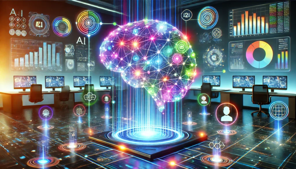 A futuristic depiction of AI-driven B2B lead generation, featuring a digital network with glowing data streams, AI neural networks, and holographic analytics displays.