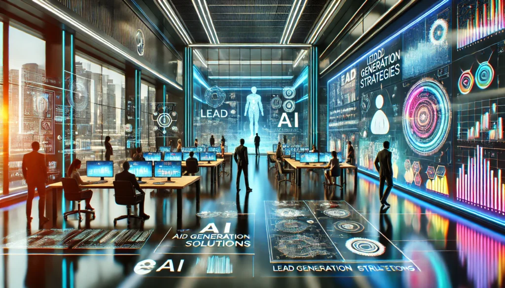 A futuristic business setting with sleek digital interfaces and advanced AI technology, symbolizing innovative solutions for overcoming lead generation challenges.